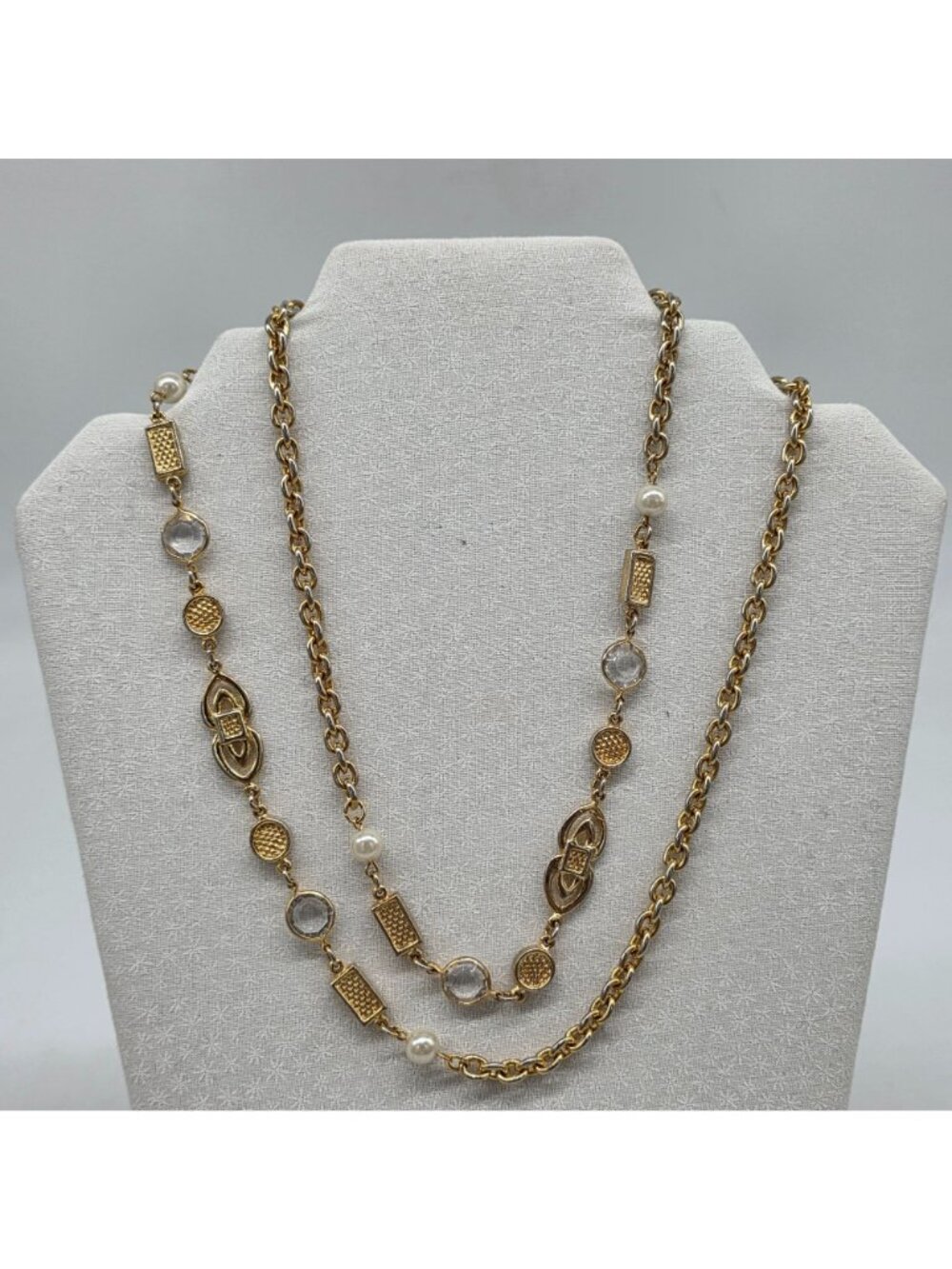 Vintage Gold Tone Fashion Necklace With Pearls & Clear Beads 37" Long - Picture 3 of 8